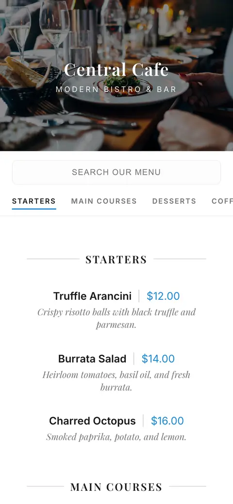 Modern photo-hero themed digital restaurant menu