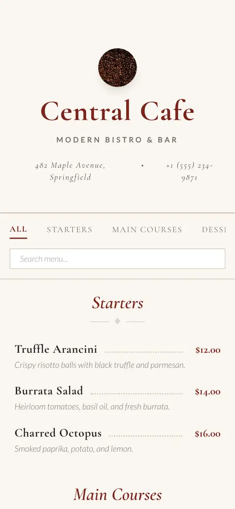 Elegant light-themed digital restaurant menu