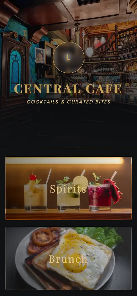 Dark cocktail-bar themed digital restaurant menu